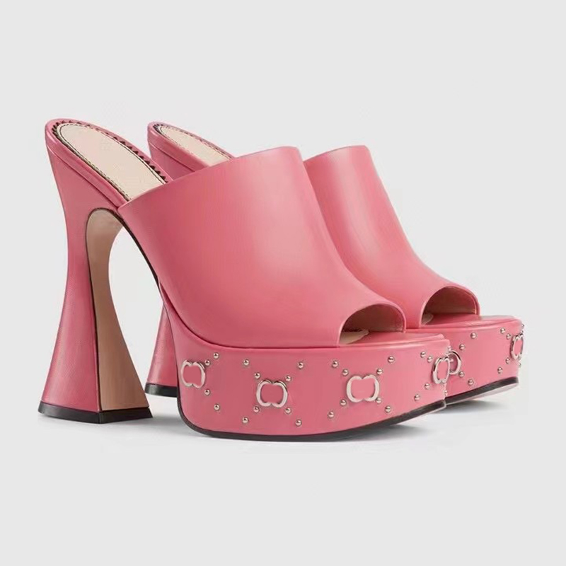 

Designer Slippers Fashion Hentian High Waterproof Platform sandals cowhide womens shoes top quality silvery Button sandal 12CM high heeled Novelty Slipper 35-42, Light pink