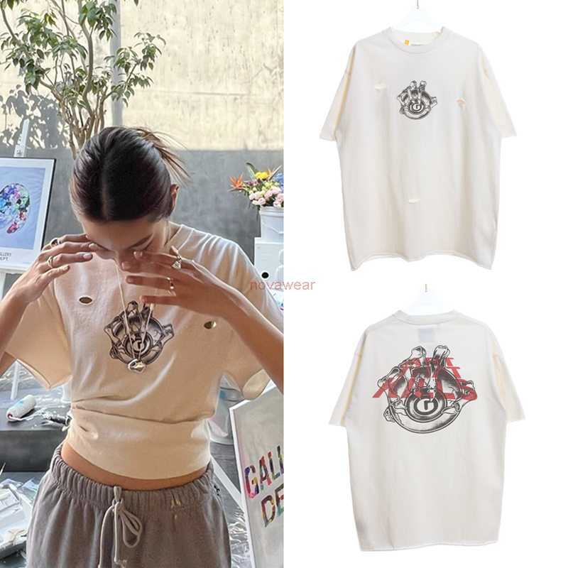 

Fashion Designer Clothing Tees Rock Tshirt Galleryes Depts Skull Finger Print High Street Wash Knife Cut Holes Cut Hem Loose Fit T-shirt Hip hop TShirts Tops for sale, Creamy-white