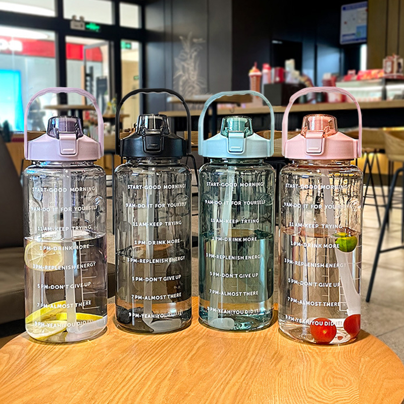 

2 Liter Water Bottle with Straw Female Girls Large Portable Travel Bottles Sports Fitness Cup Summer Cold Water with Time Scale, White