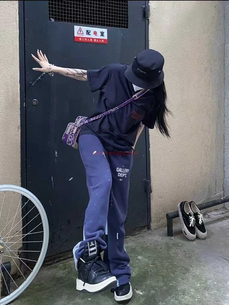 

Fashion Designer Clothing Galleryes Depts Casual pant Deconstructs Hand-painted Speckled Mosaic Drawstring Vibe High Street Guard Pants Men's Summer Pants, Black and blue