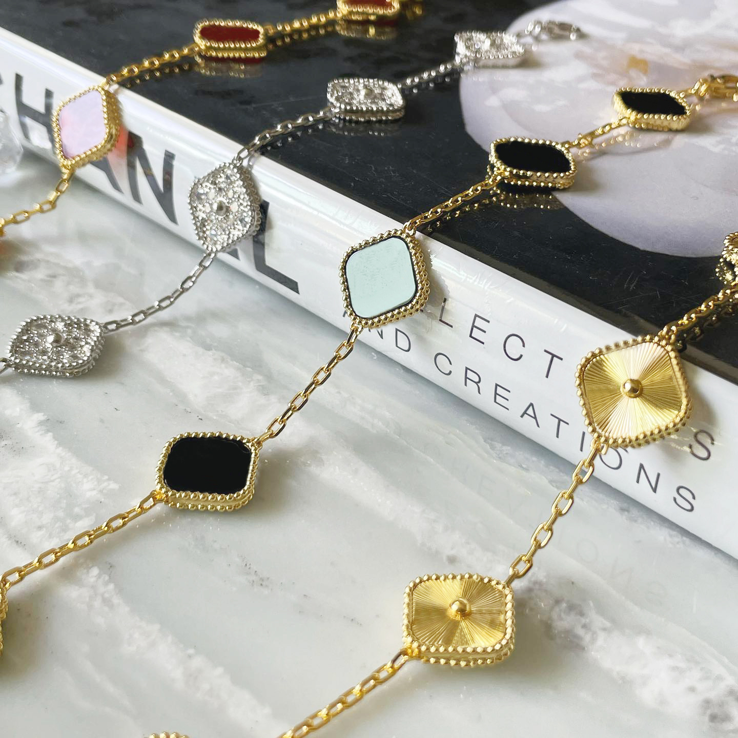 

15MM Vintage Alhambras Clover Bracelet Four Leaf Charm Bracelet Actual Malachite Onyx Mother-of-Pearl 18K Gold Plated Never Fade Tennis Chain With Official Stamp