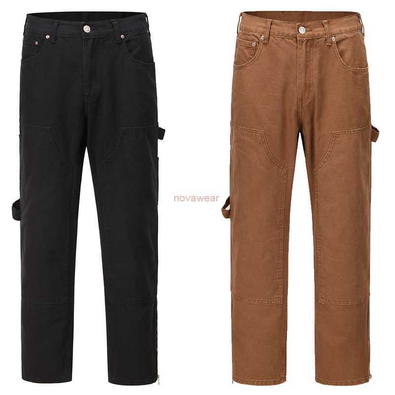 

Designer Clothing Fashion Pant High Street Galleryes Depts the same straight barrel logging pants men's Trend brand American trouser leg zipper micro horn overalls, Deep khaki cloth color