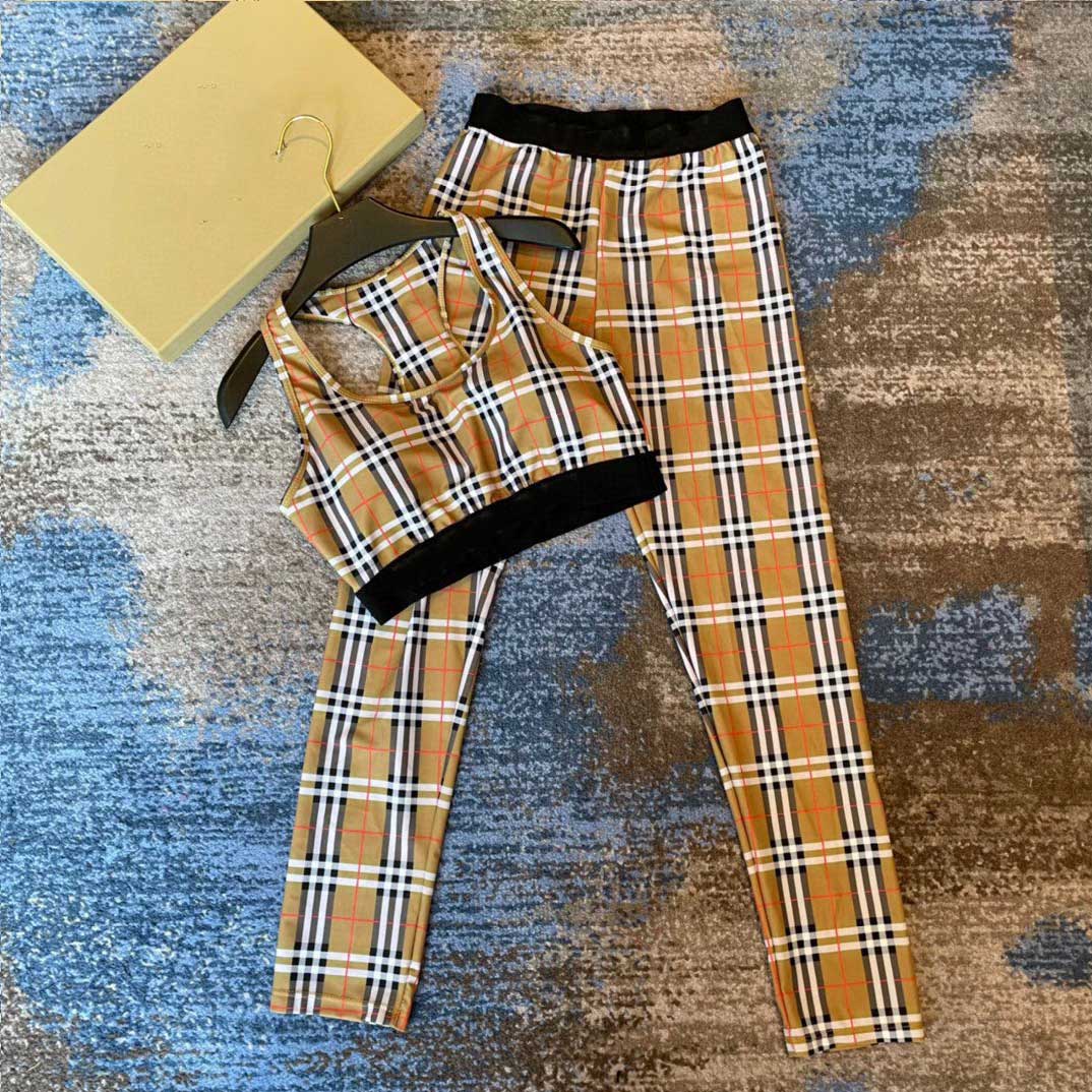 

Sleeveless New Fashionable Plaid Classic Swimming and Diving Set Yoga Suit Long Pants Slimming Pants Set, Yellow