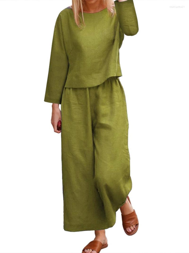 

Women's Two Piece Pants 2023 Summer Linen Set Women Conjuntos De Pantalon Green Mujer Elegante Crop Top Wide Leg Sets Causal Baice Suit, Blue