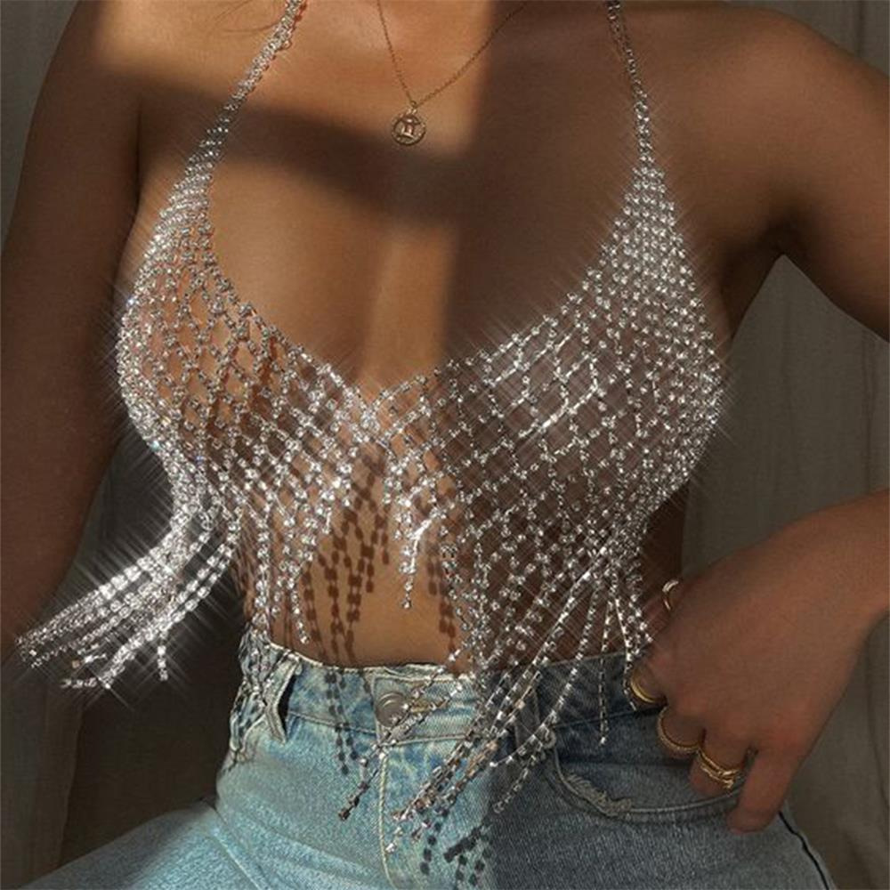 

the other Explosive accessories Europe and the United States nightclub shiny tassel chain mesh rhinestone body chain Girth 120cm Adjustable length