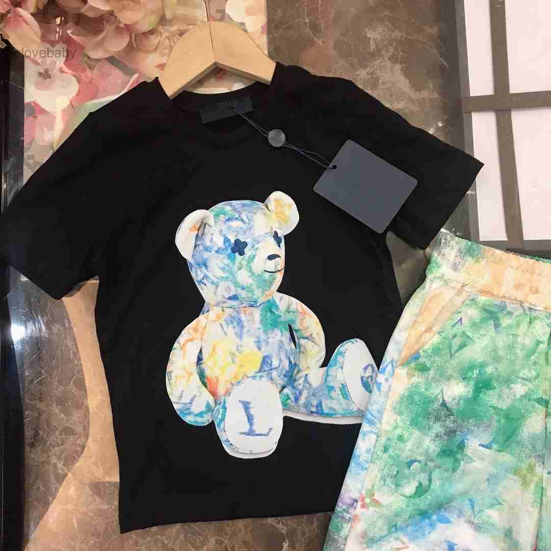 

baby clothes kid designer sets girl boy t shirt children set kids clothes luxury summer shorts Sleeve With letters bear Graffiti size -160, Black