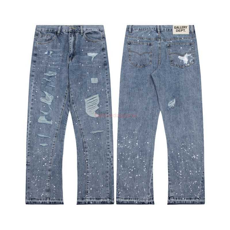 

Fashion Designer Clothing Galleryes Depts Jeans Pant High Street American Knife Cut Hole Erosion Damaged Small Straight Barrel Garment Wash Blue Distressed Jeans