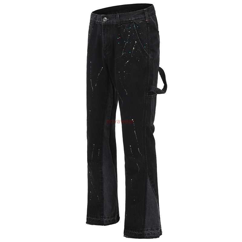 

Designer Clothing Denim Pants Galleryes Depts Same High Street Splash Flared Pants Men's Trend brand Knaye Loose Wide Leg Jeans Distressed Ripped Hip hop Trousers, Black