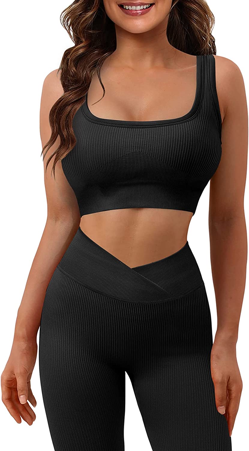 

Yoga Workout Outfits for Women 2 Piece Ribbed Seamless Sports Exercise Sets, Black