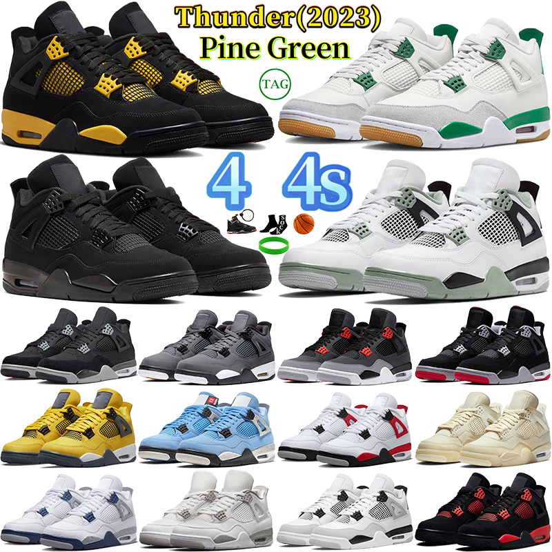 

Thunder 2023 4s Basketball Shoes For Men Women Jumpman 4 Sneakers Military Black Cat University Blue Bred White Oreo Pine Green Womens Mens Trainers Sports Sneakers, #10- red thunder