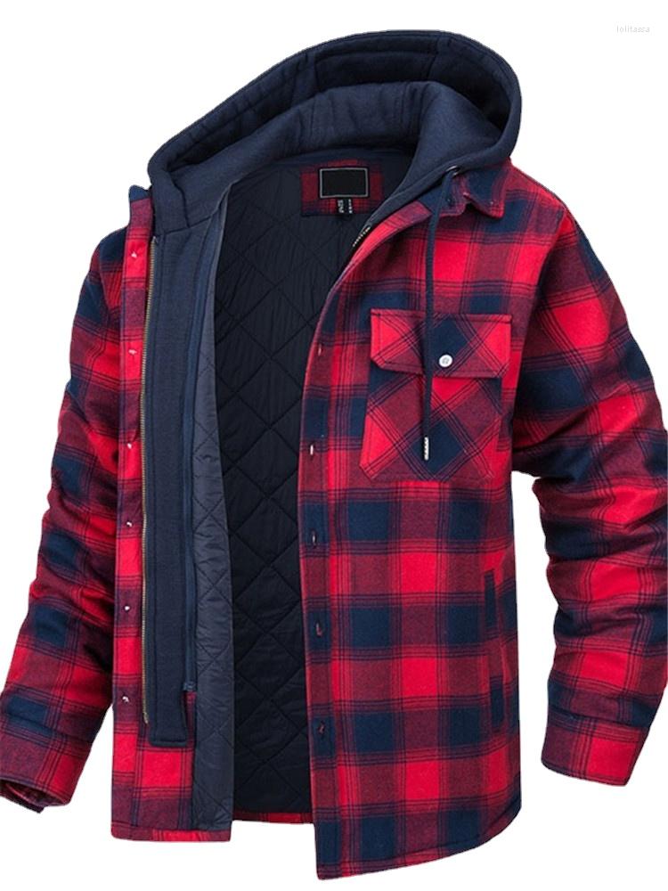 

Men' Jackets Men' Winter Flannel Cotton Shirt Warm Jacket With Hood Long Sleeve Quilted Lined Plaid Button Down Thick Hoodie Outwear