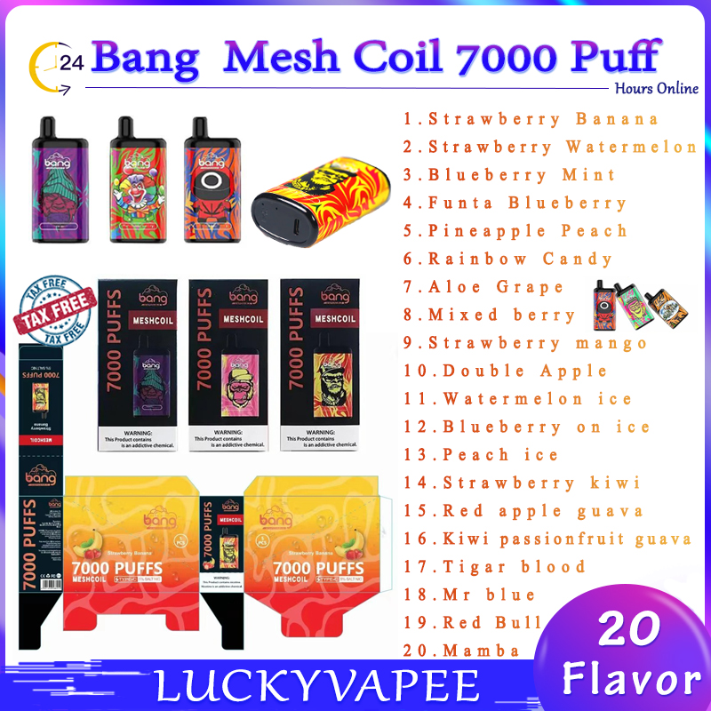 

Original Bang Mesh Coil 7000 Puffs Disposable Vape Bang Vapes Vape Puffs 7000 0% 2% 3% 5% Pod E Cigarette Devices Rechargeable Battery 850mAh 15ml