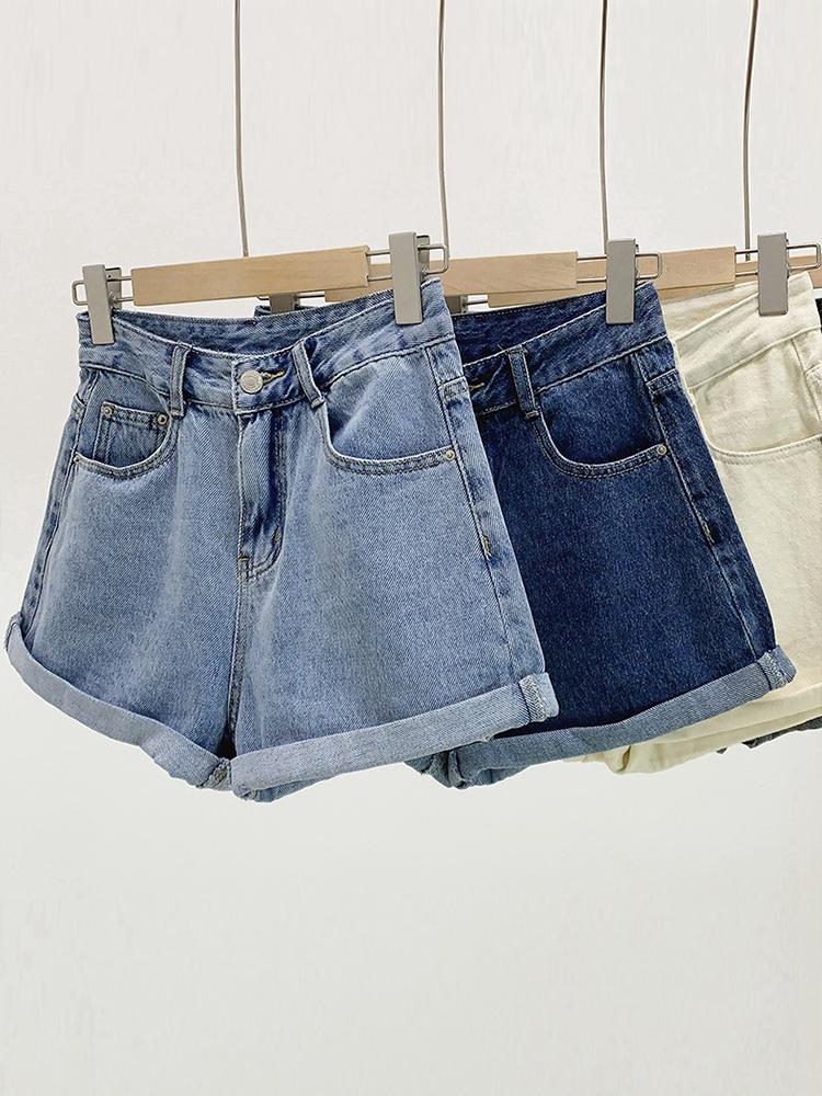 

Jeans Summer Short Women High Waist Loose Cuffs Jeans Lady High Street Wide Leg Short Pants Female ALine Washed Jeans, White