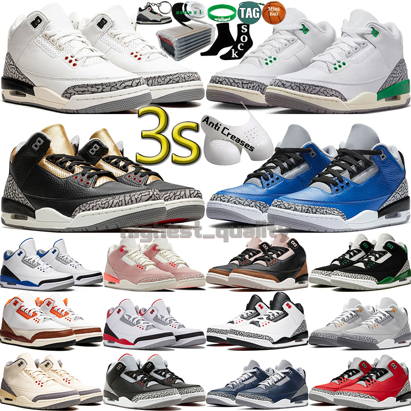 

With Box 3 Basketball Shoes for Men Women 3s Lucky Green Pine Black White Cement Reimagined True Racer Blue UNC Fire Red Washington Mens Womens Trainers Sport Sneakers, Color-28