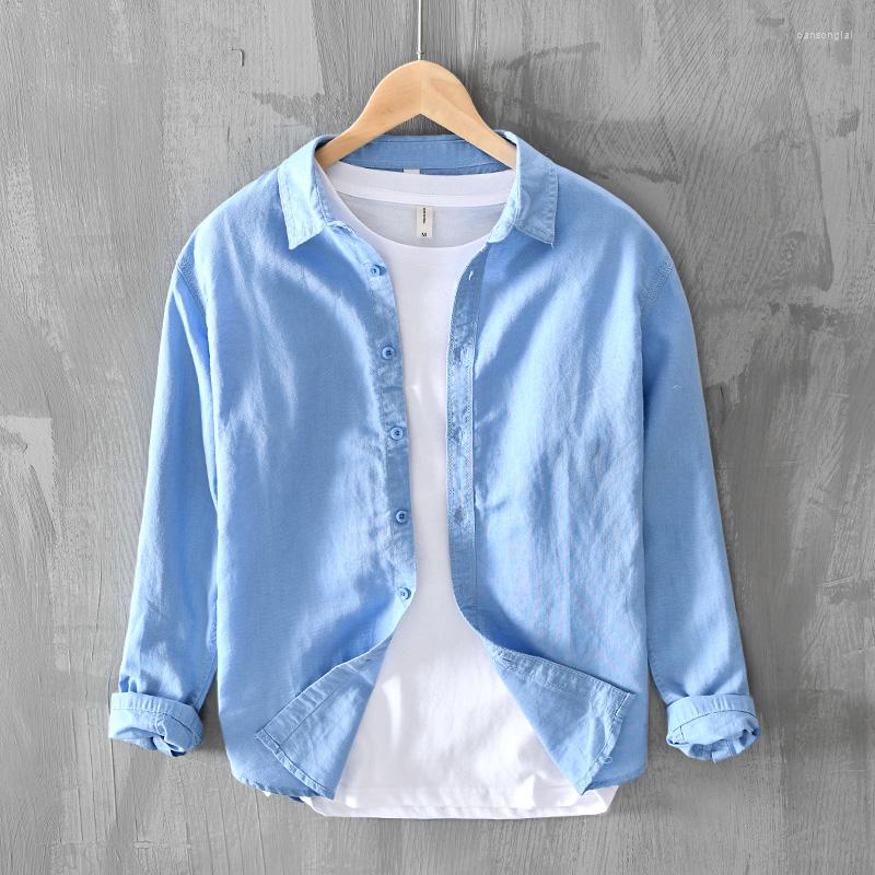 

Men's Casual Shirts Designer Quality Long-sleeve Cotton Linen Brand For Men Trendy Comfortable Solid Tops Clothes Camisa Masculina, Blue