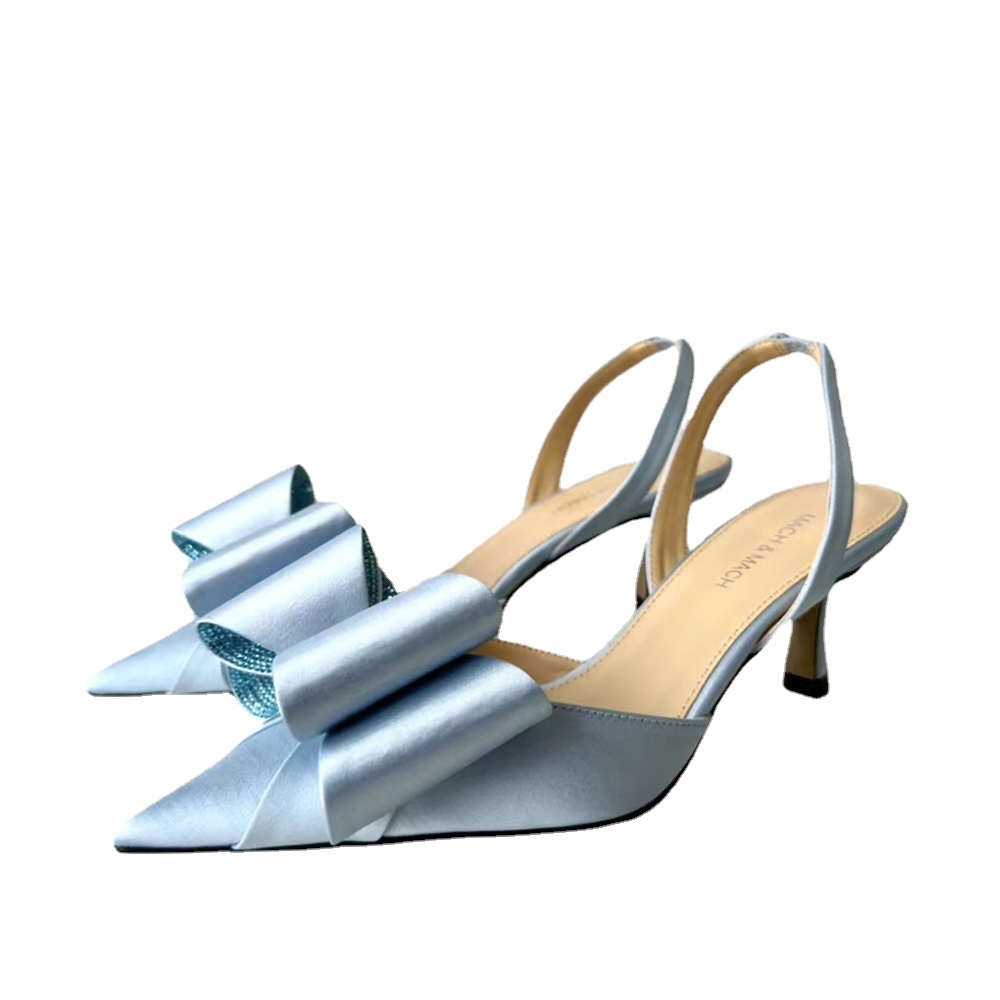 

Mach&Mach Satin dress shoes pumps Rear sling sandals Womens leather sole high heels 6.5cm women high heeled Luxury designers factory footwear, Sky blue