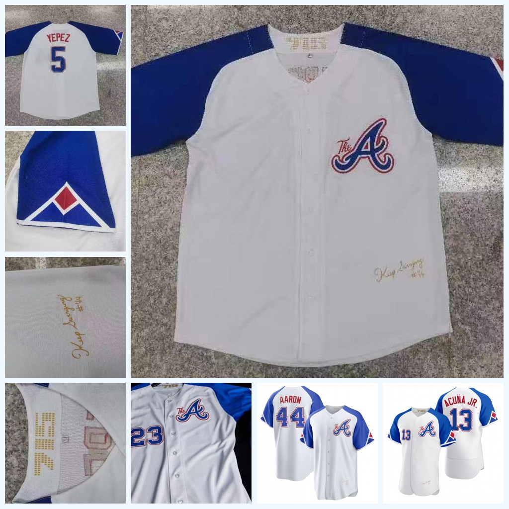 

2023 City Connect Ronald Acuna Jr. Baseball Atlanta Jersey 44 Aaron 27 Austin Riley Matt Olson Spencer Strider Michael Harris II Hank Aaron Braves Ozzie Albies, Custom men flex base(y s)