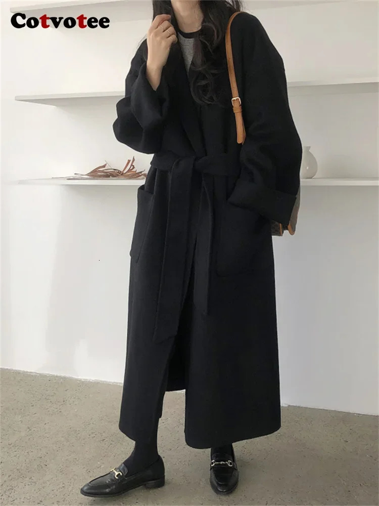 Women's Wool Blends Cotvotee Black Coats for Women Autumn Winter 2023 Fashion Lace Up Turn Down Collar Coat Casual Long Sleeve Chic Jacket 2