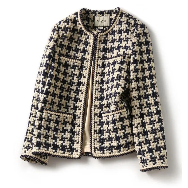 Women's Jackets Coarse tweed small fragrant jacket top women's autumn and winter Korean version vintage round neck plaid fashion casual 23