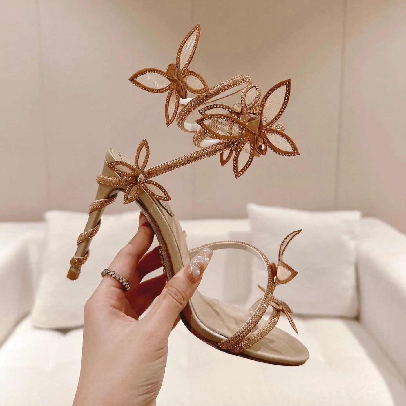 

Rene Caovilla butterfly crystal decorative high sandals stiletto women evening dress shoes 9.5cm Serpentine Wraparound luxury designer women's high heels with bag, 11