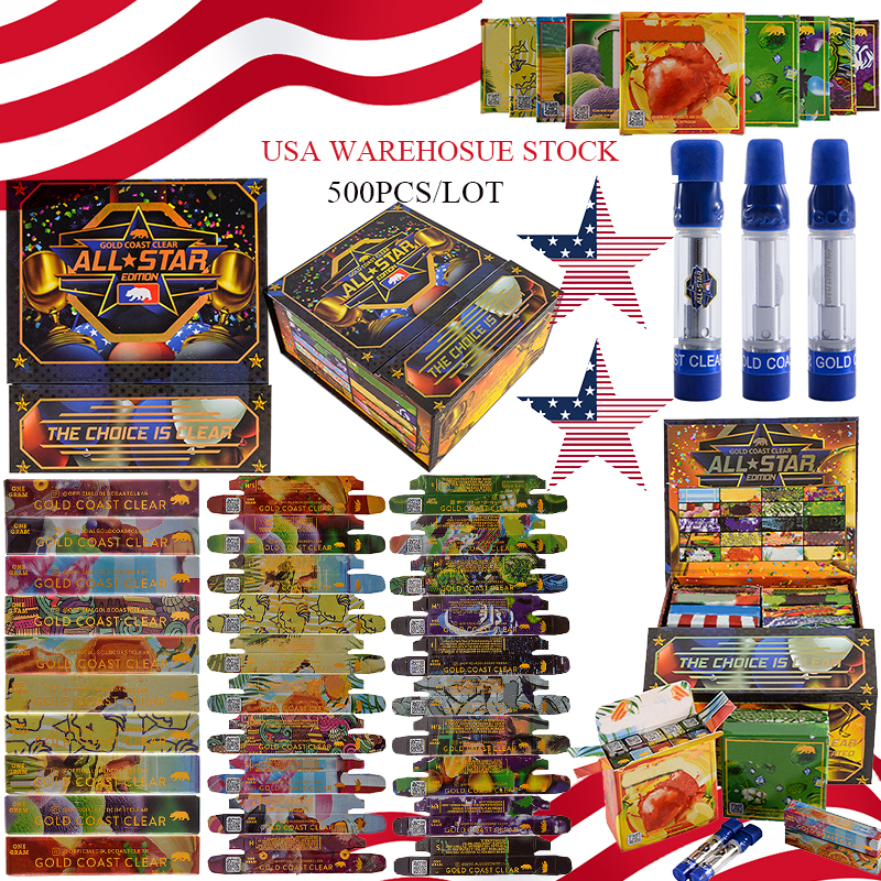 

Stock IN USA 0.8ml 1ml Atomizer GOLD COAST CLEAR All Star Smokers Club Summer Edition Vape Cartridge Packaging Atomizers Cartridges10 Strains Wax Vaporizer Carts