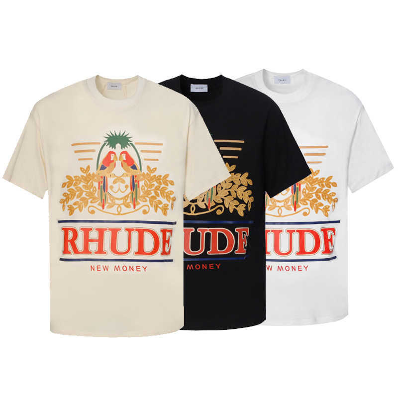 

Men' T-Shirts 2023 Fashion Brand RHUDE Long tailed Parrot Print High Street Casual Men' and Women' Loose Short Sleeve T-shirt, White
