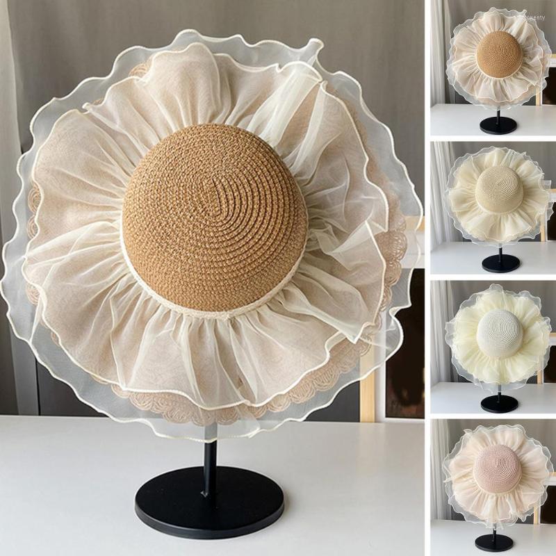 

Wide Brim Hats Women Summer Boho Cap Net Yarn Decor Round Dome Beach Sun Hat Large Sunshade Floppy Straw Fashion Accessories, Beige