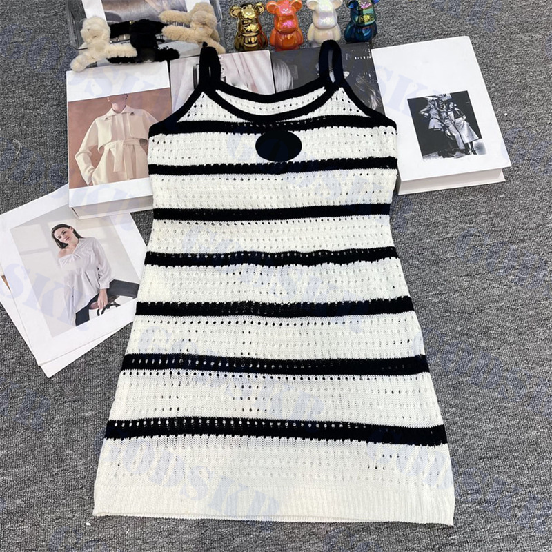 

Womens Striped Dress Letter Logo Tanks Skirt Sexy Hollow Suspender Dresses For Women, Pls contact me real pic
