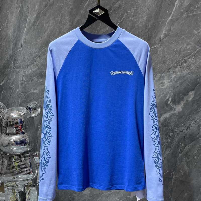 

fashion chromes chrome//heart Version 23SS New Sanskrit Letter Cross Flower Arm Scroll Long Sleeve T-shirt heart LKOS, Blue color blocking
