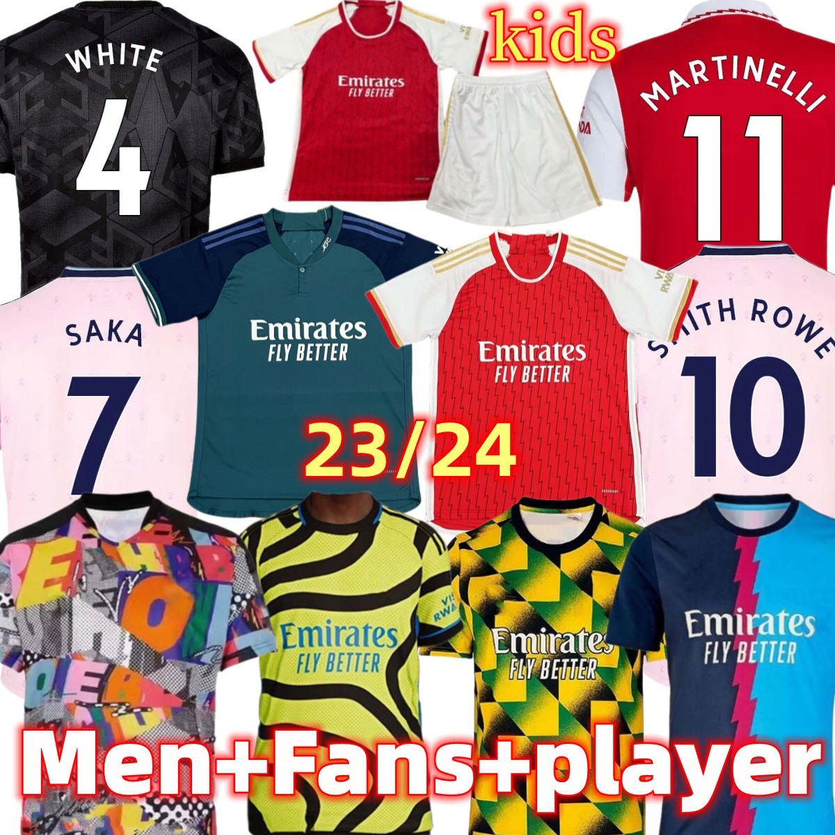

22 23 24 SAKA soccer jerseys ODEGAARD SALIBA Gunners MARTINELLI G. JESUS SMITH ROWE ARSen 2023 2024 Fans Player version jersey All kit Kid Equipment football shirt, 23-24 home kids