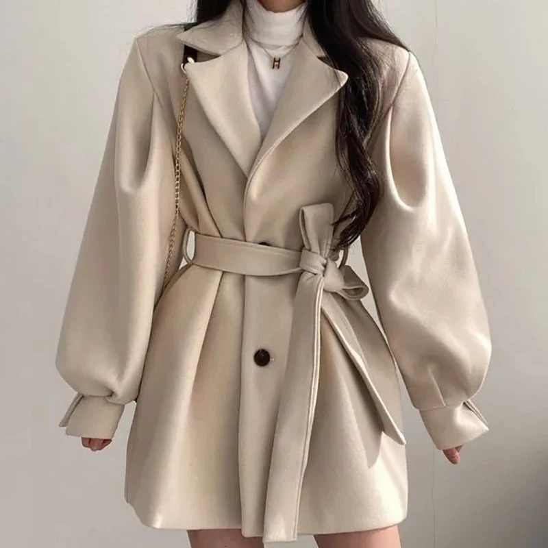 Women's Wool Blends EVNISI Autumn Winter Women Laceup Trench Coat With Pockets Woolen Turndown Collar Button Long Sleeve Overcoat 2023 231124Z