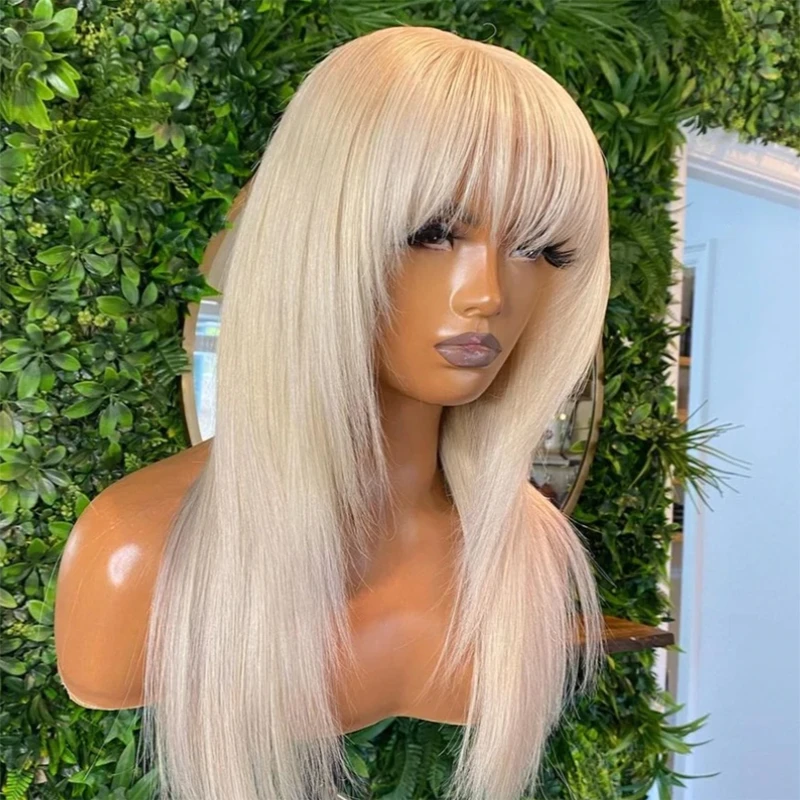 Brazilian Hair White Straight Wig with Bangs Fringe Bob Human Hair Wig with Bangs for Women Glueless Full Lace Front with Bangs-image-978385309