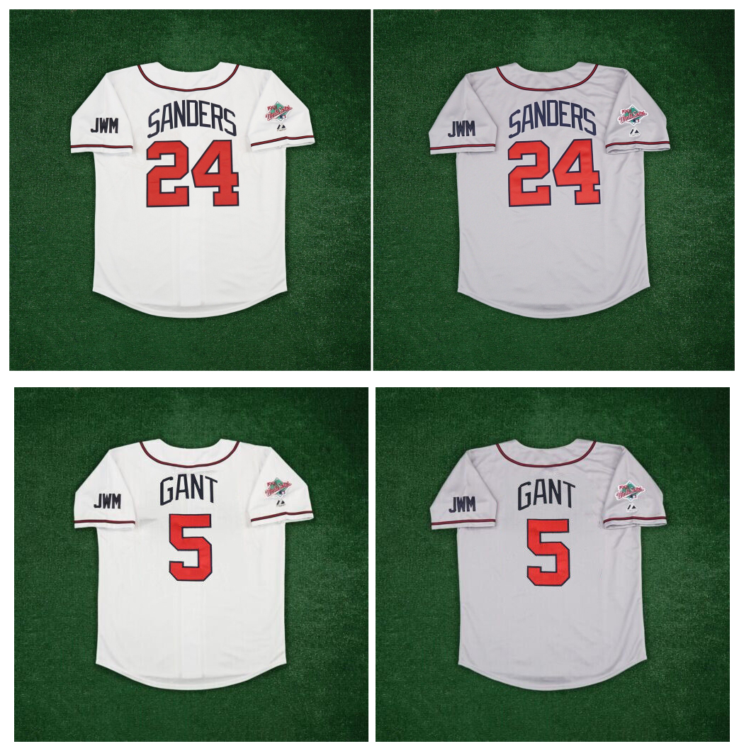 

Braves Deion Sanders 1991 World Series Atlanta Baseball Jerseys Ron Gant White Grey Size S-4XL, As pic