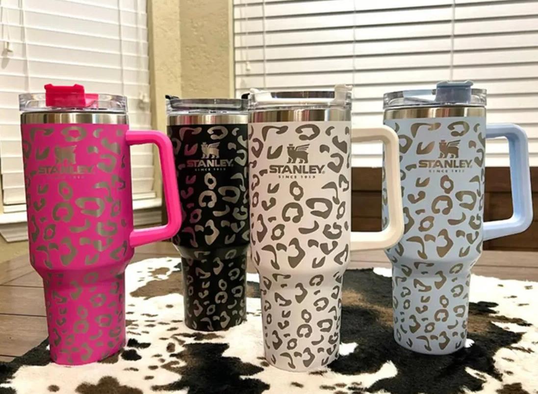 

1Pc With Stan-ley LOGO Hot Pink quencher 40oz tumblers Leopard Print stainless steel handle lid straw big capacity beer mug water bottle cups, Multi-color