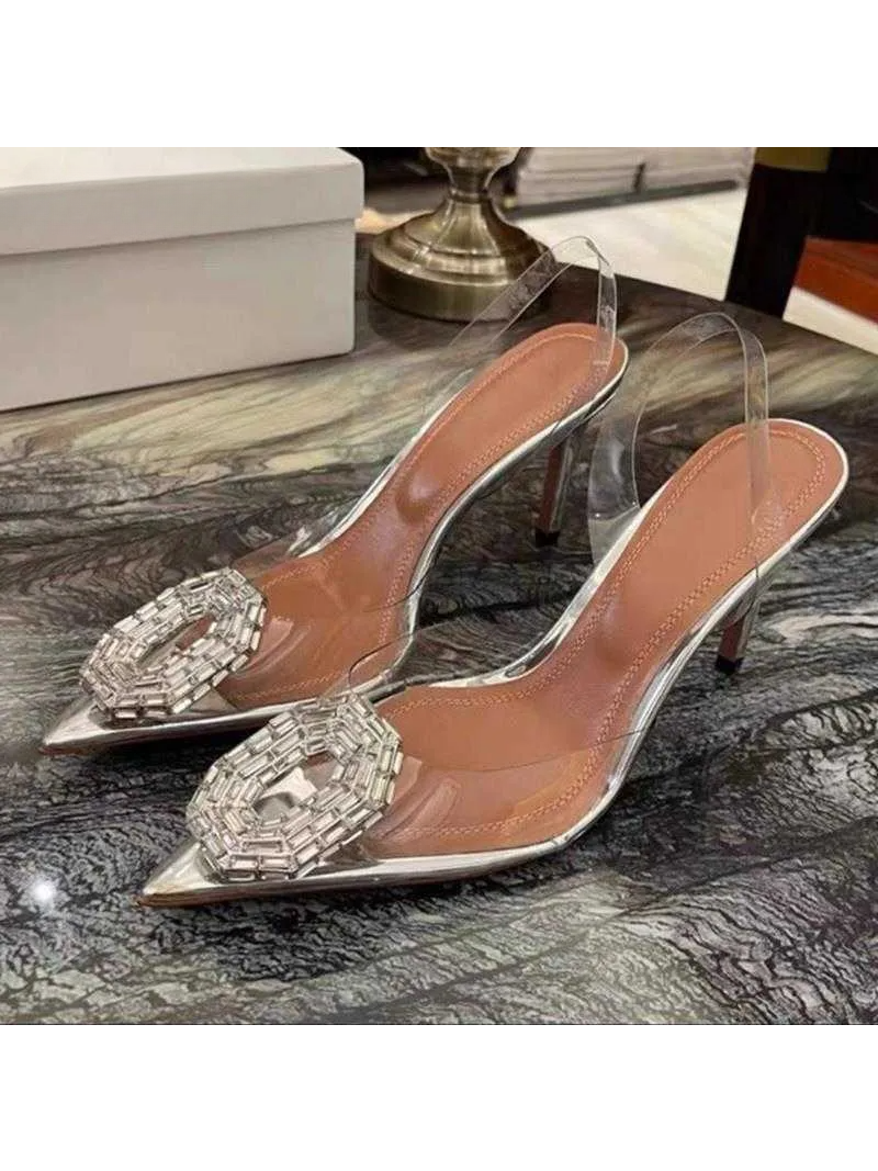 

2023 New Sandals Crystal Buckle Lace up Women's High Heels Pointed Designer Shoes, Black