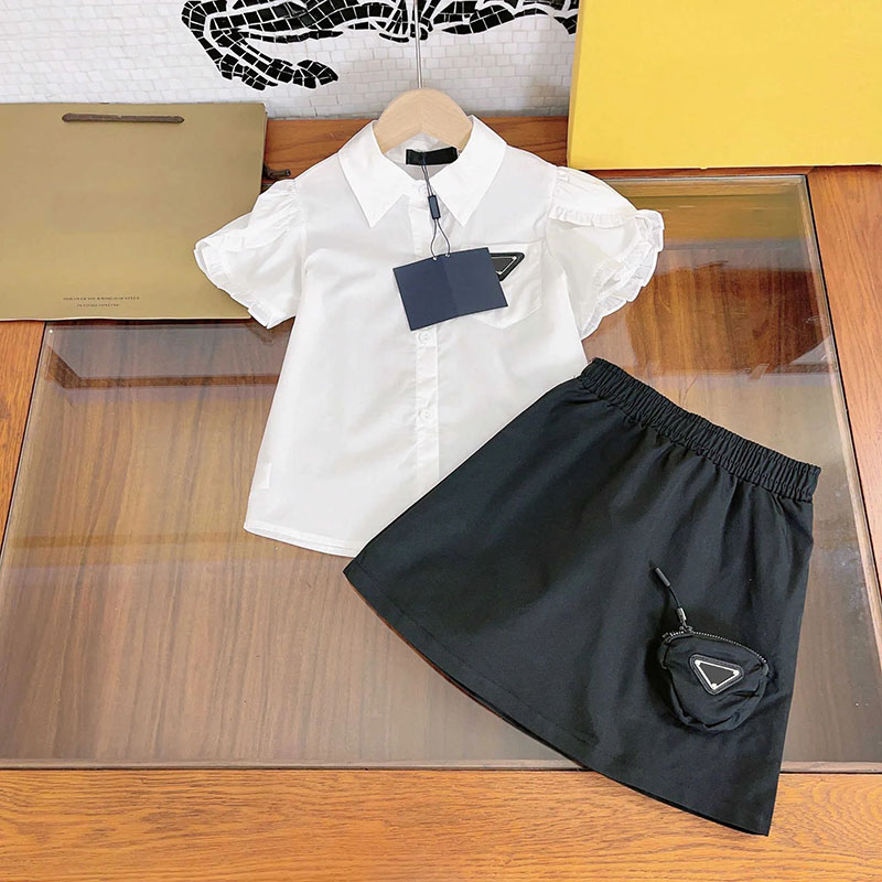 

Kid sets Shirt Skirt Suits Sids Designer Lapel shirt Lace Sleeve Chest Pocket Elastic Waist Skirts Suit High quality kids Clothes, Black