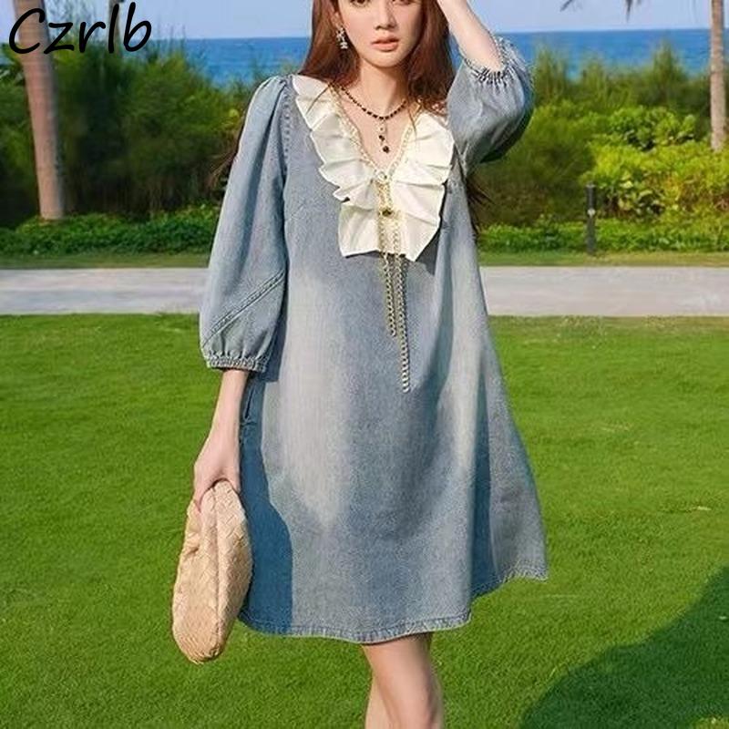 

Dresses Denim Dress Women Streetwear Ruffles Tender Patchwork Fashion Young Chic Vestidos Vneck Allmatch Cozy Cool College Leisure Ins, Black 9970