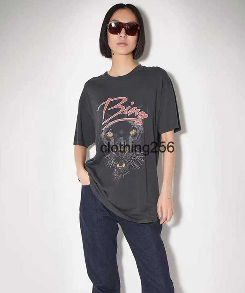 

2023ss Anine Bing Niche Women Designer t Shirt Leopard Head Print Washing Stir-fry Snowflake Yeast Tee Vintage Short-sleeved T-shirt Tops07, Black