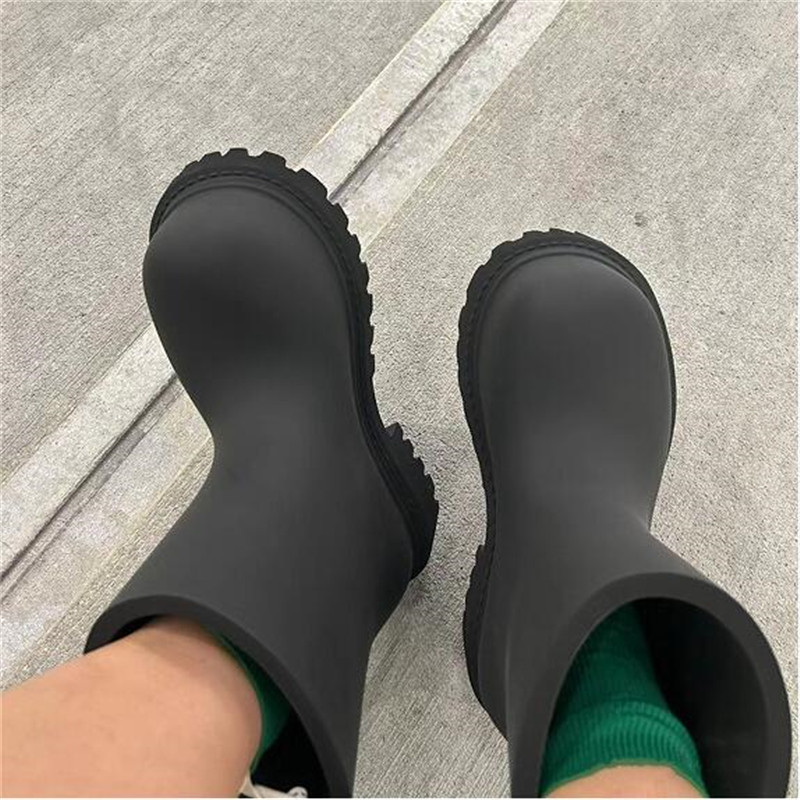 Femme bout rond bottes de pluie fond épais dame mi Tube botte grande tête femmes noir bottine