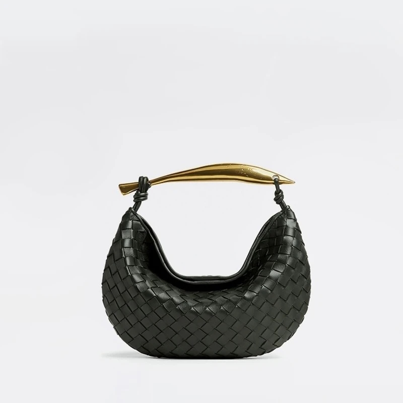 

Fashion Luxury Mental Handle Handbag for Women Mini Woven Shoulder Bag, White