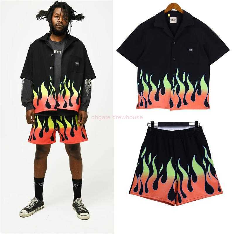 

Fashion Designer Clothing Tees Rock Tshirt Galleryes Depts23ss American High Street New Flame Printed Cardigan Polo Collar Men's Shirt Set Sportswear 23ss, Black trousers