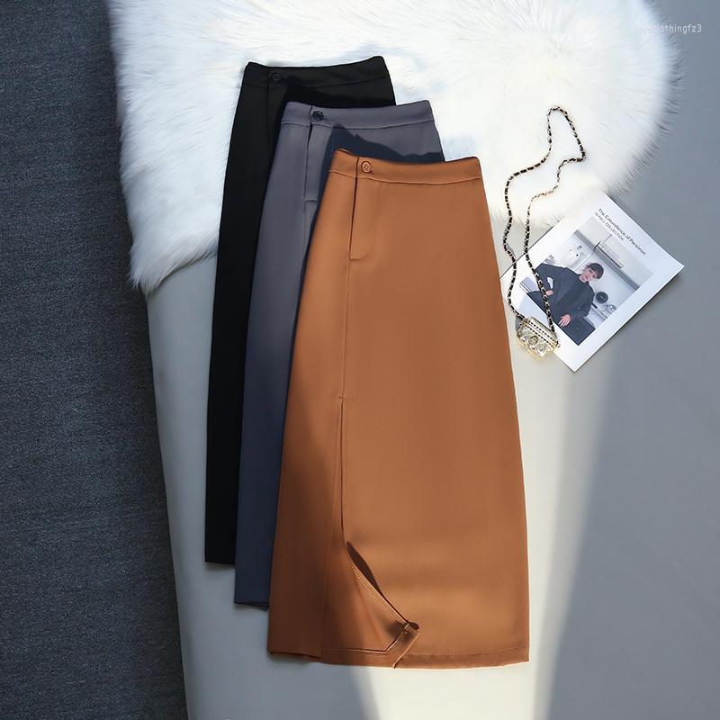 

Skirts Korean Style A Line Long Women Spring Summer High Waist Split Skirt Woman Elegant Office Midi Ladies, Black