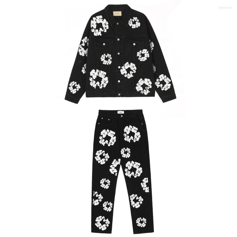 Men's Tracksuits Denim Jacket And Jeans Set Men Flower Graffiti High Street Autumn Loose Coat Straight Pant Casual Vintage Washed Suit