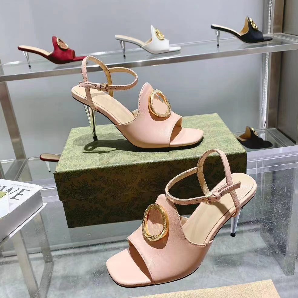 

Comfortable Sandals Designer Shoes Women High Heels Fashion Dress Shoe 8.5CM Ankle Strap Metal Buckle Decoration Summer Open Toe Leather Party Wedding Sandal, Black