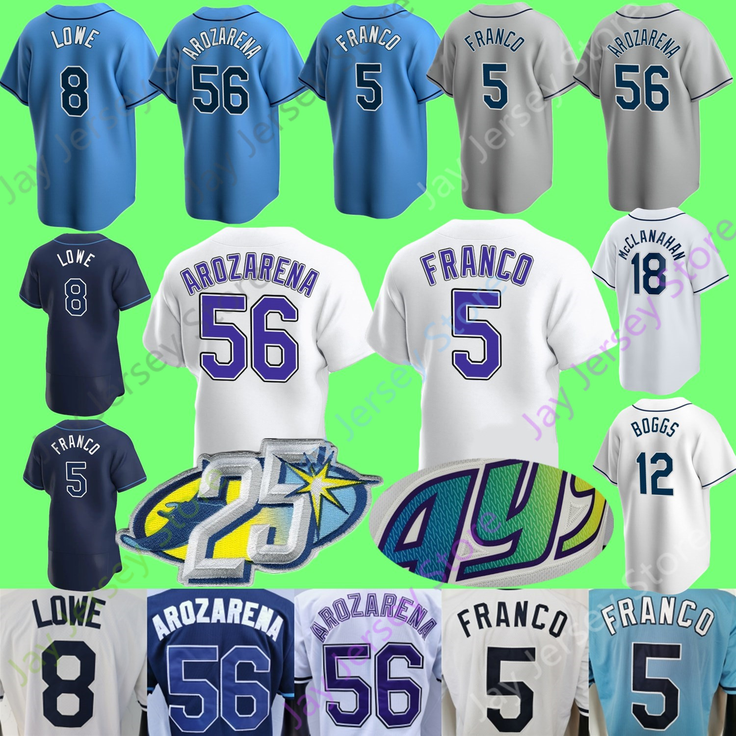 

25th Patch Baseball Jersey Wander Franco Randy Arozarena Wade Boggs Shane McClanahan Tyler Glasnow Brandon Lowe Shane Baz Harold Ramirez Lowe Margot Taj Bradley, Player's versions grey