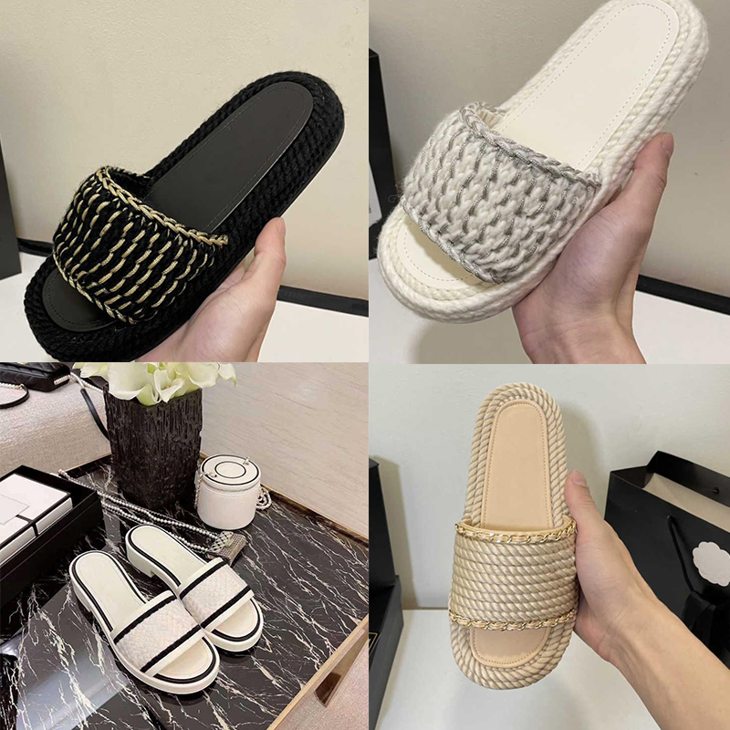 

Women Tweed Leather Straw Woven Slides Sandals Slip On Wedge Flats Fashion Beach Mule Brand Flip Flops Casual Slides Shoes Platform Chain Rubber Slider Sizes 35-41, 202206170314;size 34-41