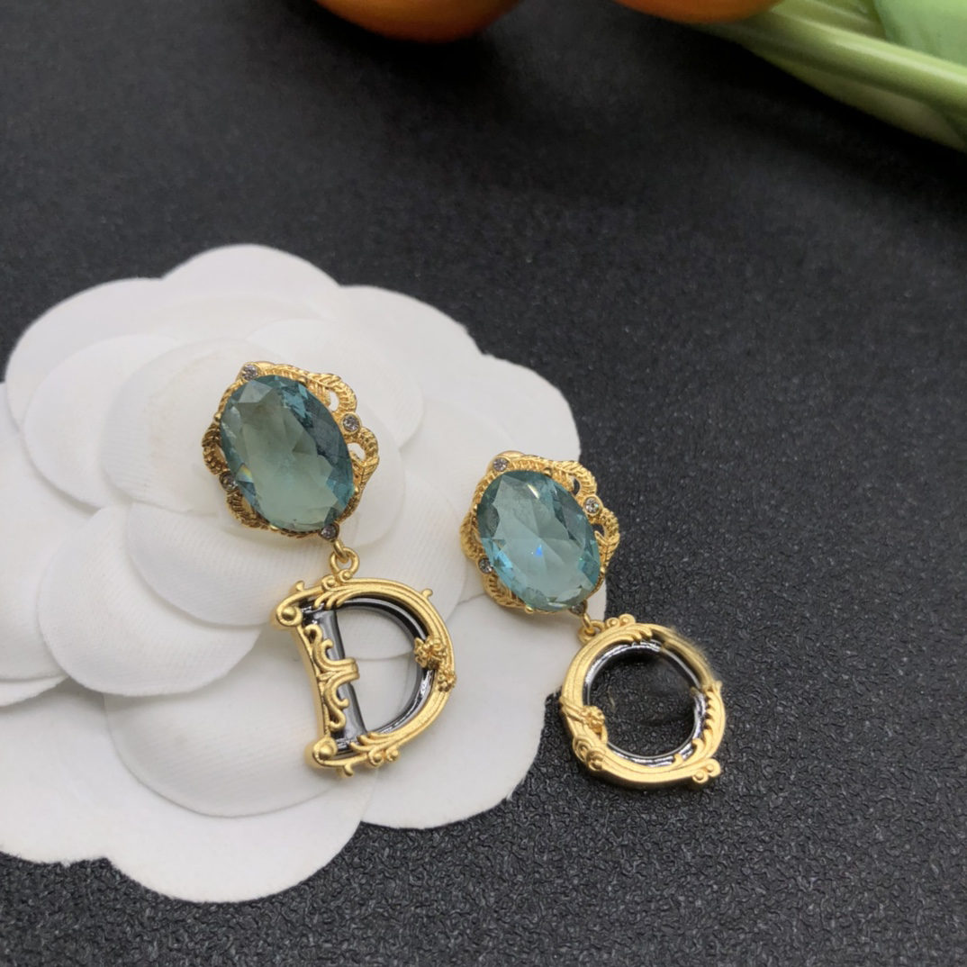 

Vintage Court Style Earrings Letters Light Blue Big Gems Asymmetric Black Gold Edge Earrings Silver Pin Earrings Party Gift