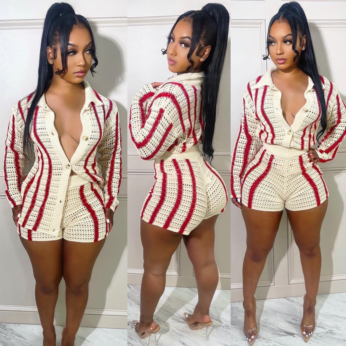 

Dress Casual Women Striped Sweater Two Piece Set Cardigan Coat + Pants Slim Bodycon Streetwear Clothes For Women Outfit, Red
