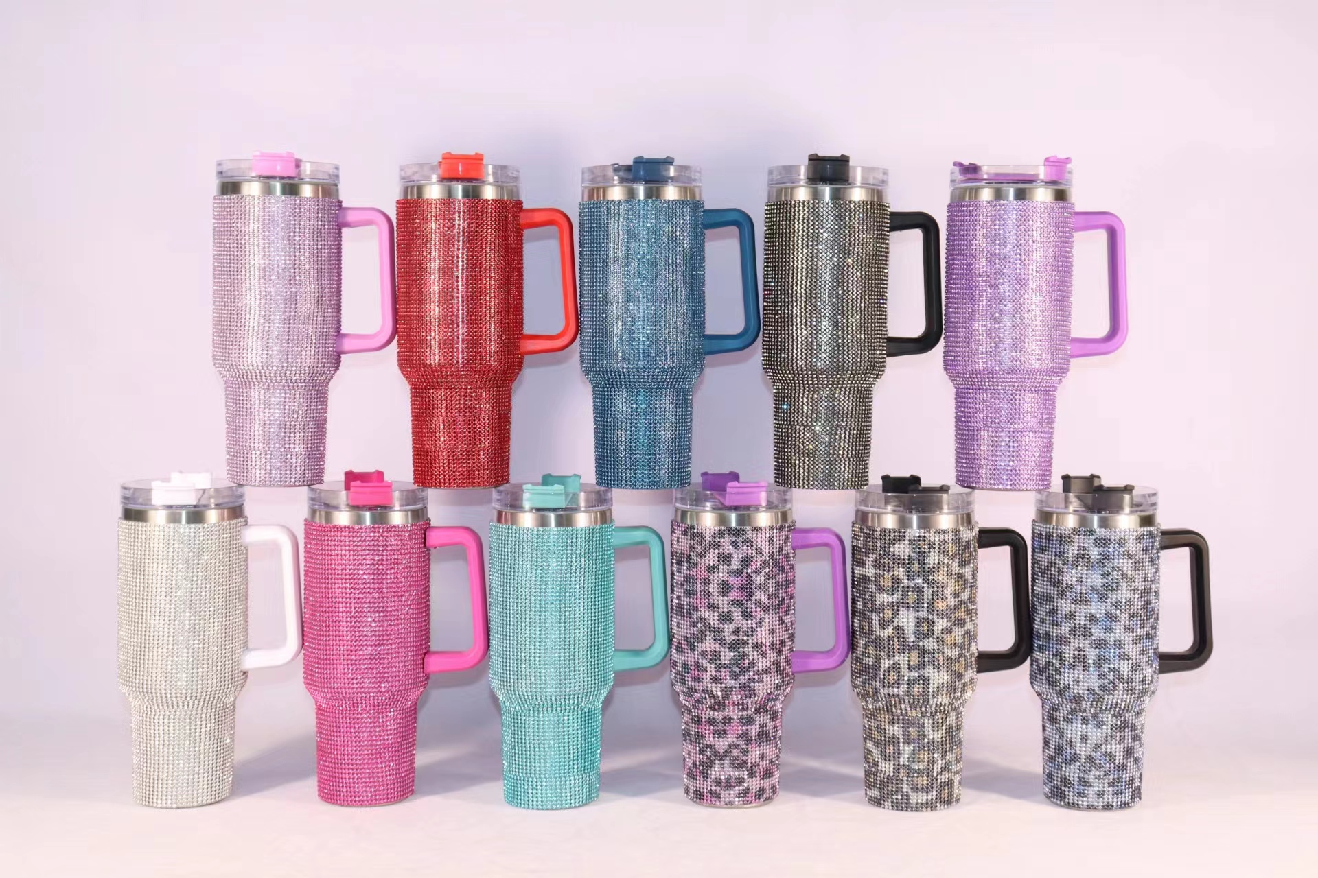 

40oz Diamond Tumbler with Handle and Straw Bling Water Bottle Rhinestone Tumbler Stainless Steel Insulated Travel Mug Keep Drinks Cold 12colors, Multi-color