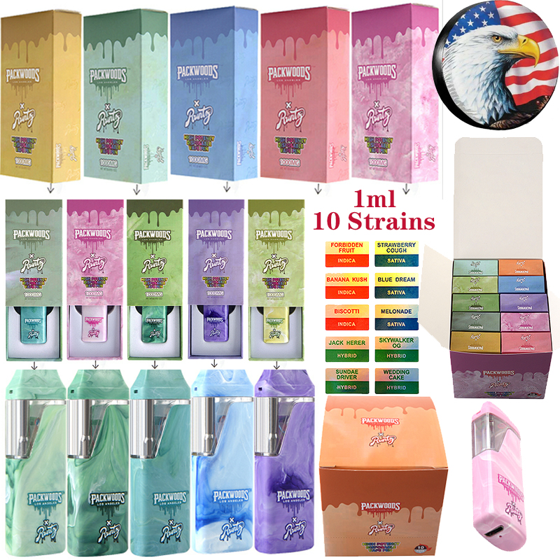 

USA Stock New Packwoods X Runtz E Cigarettes Rechargeable Disposable Vape Pens Starter Kit Empty Device Pods Micro USB Connectors 1ml Thick Oil 10 Flavors
